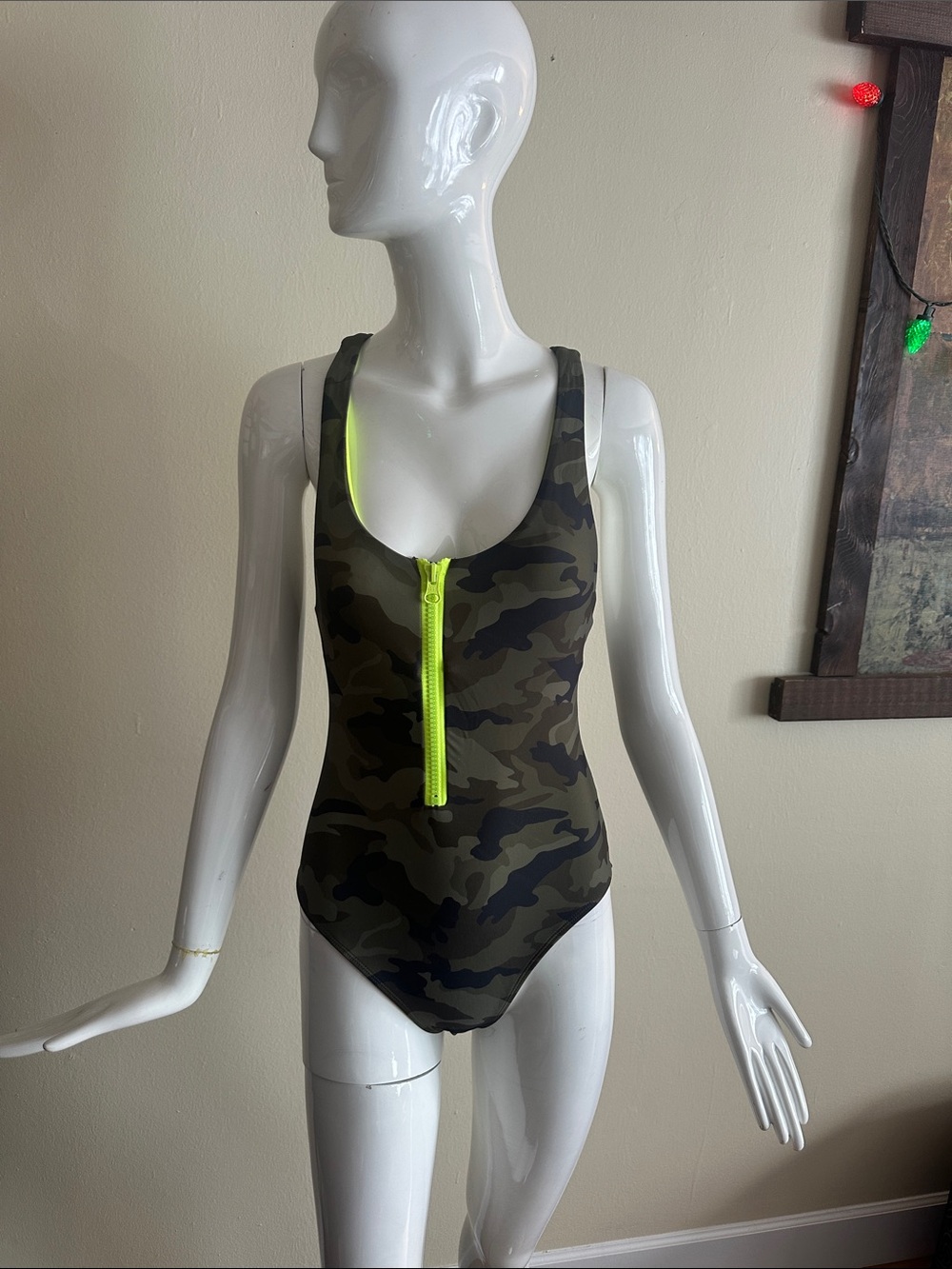 George Women's Camo One-Piece Swimsuit with Neon Yellow Zipper